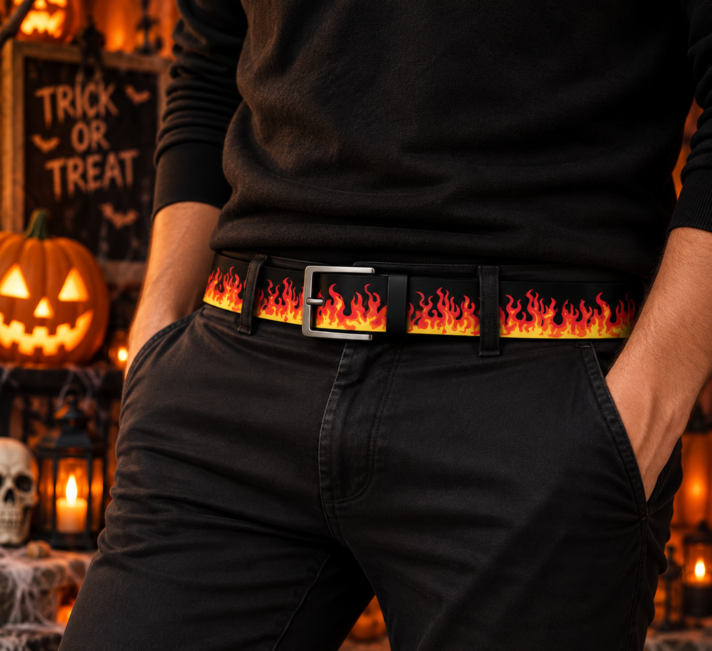 Black Wicked Fire Halloween Belt with Metal Buckle